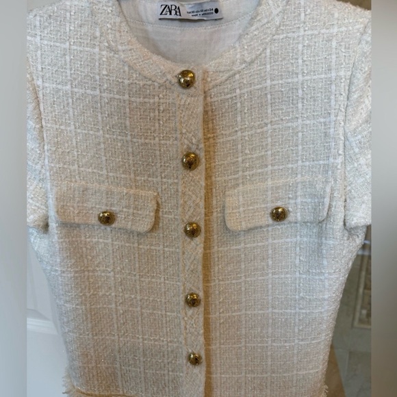 Zara Cream Tweed Fit-and-Flare Dress with Gold Buttons - Picture 2 of 3